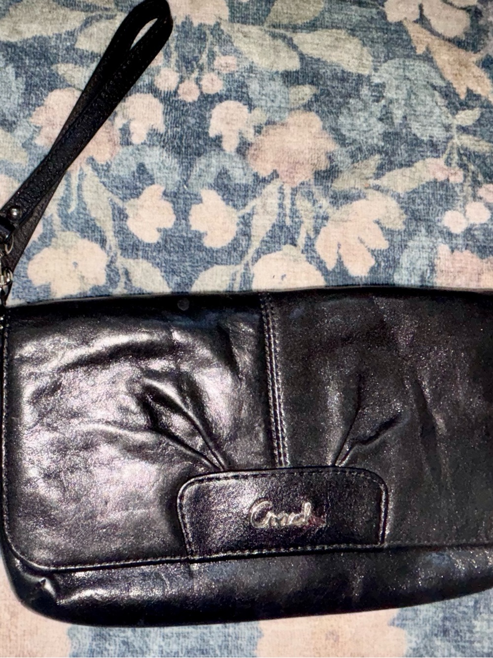 Coach Black Leather Wristlet Clutch with Logo Detail